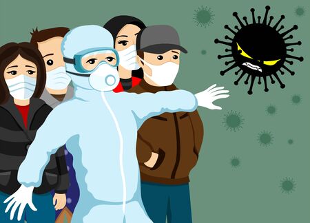 A doctor protects a group of people in protective medical masks from an angry virus.のイラスト素材