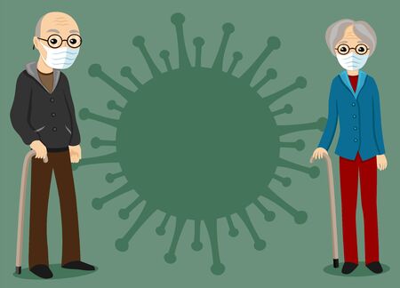 Elderly couple and a sign of the virus on a green background.のイラスト素材
