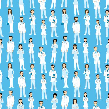 Seamless pattern with cheerful doctors on a blue background.のイラスト素材