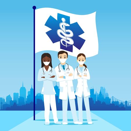 Illustration with doctors in protective masks with a medical flag on a city background.のイラスト素材