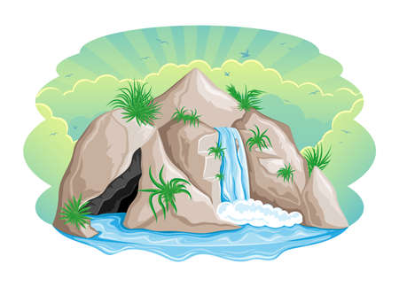 Beautiful waterfall in the rocks on a white background.のイラスト素材
