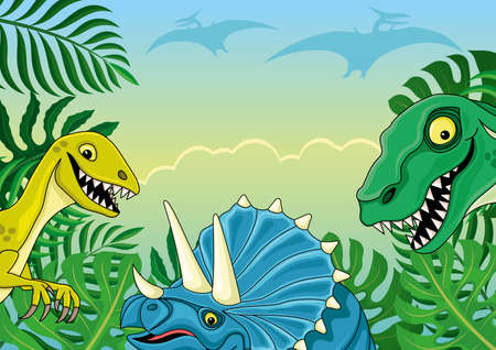 Illustration with funny dinosaurs on the background of tropical leaves and sky.のイラスト素材