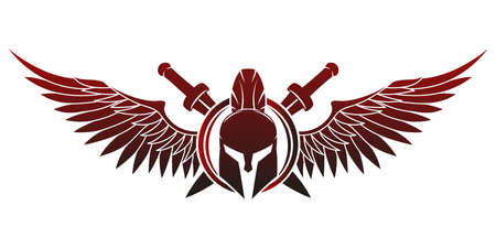 Spartan helmet with shield and swords and wings on a white background.のイラスト素材