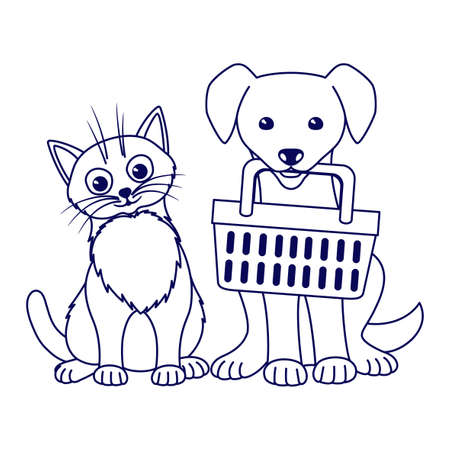 Contour illustration with cute cat and dog with basket on white background.のイラスト素材