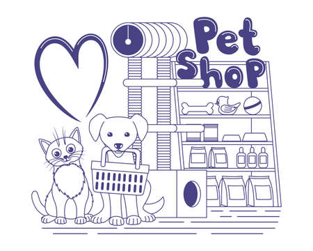 Illustration with cute cat and dog in a pet shop.のイラスト素材