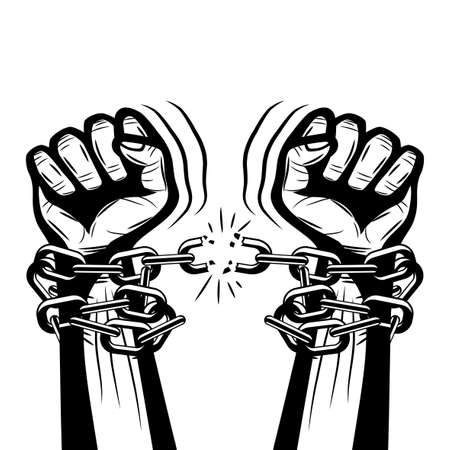 Illustration of human hands breaking steel chains on white background.のイラスト素材