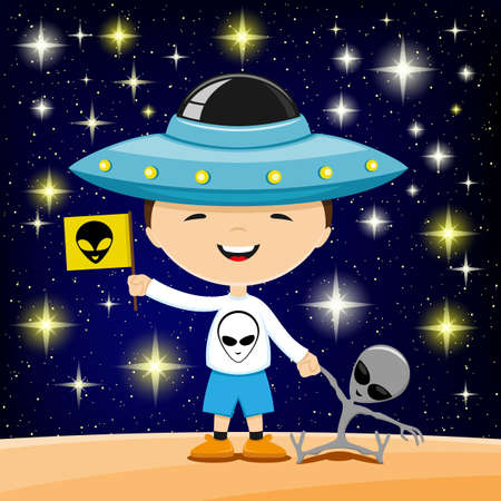 Boy and toy alien on the background of the starry sky.のイラスト素材