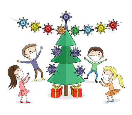 Festive illustration with cheerful children in protective masks and Christmas tree isolated on white background.のイラスト素材