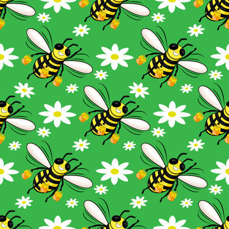 Seamless pattern with bees and flowers on a green background.のイラスト素材