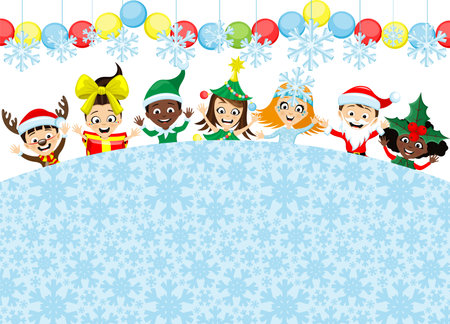 Christmas background with cheerful children in festive costumes isolated on white background.のイラスト素材