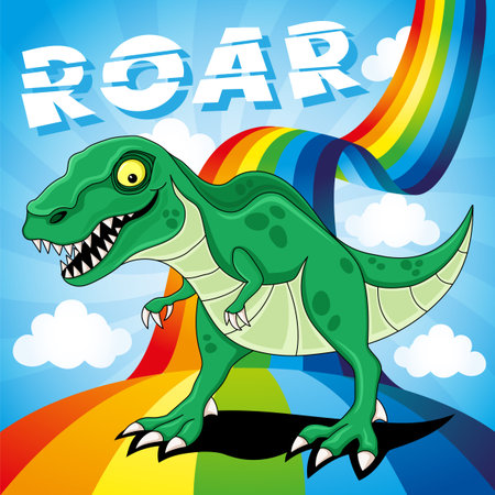 Funny dinosaur on a bright rainbow in the blue sky with clouds.のイラスト素材