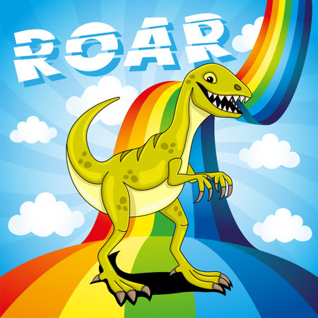 Funny dinosaur on a bright rainbow in the blue sky with clouds.のイラスト素材