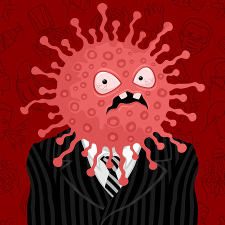 Coronavirus in suit with tie on red background.のイラスト素材