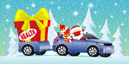 Santa Claus and snowman in the car with a big gift box with health.のイラスト素材