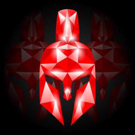 Illustration of red Spartan helmet on black background.のイラスト素材