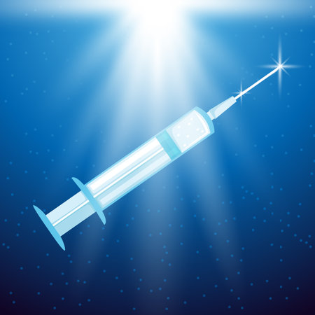 Syringe with vaccine in the rays of light on a blue background.のイラスト素材