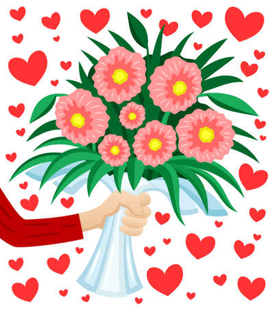 Beautiful bouquet of flowers with red love hearts on white background.のイラスト素材