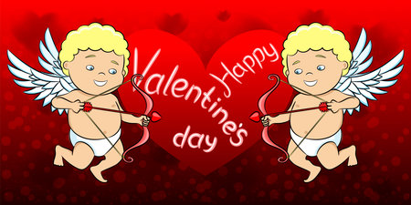 Holiday illustration for Valentines day with cupids and heart on red background.