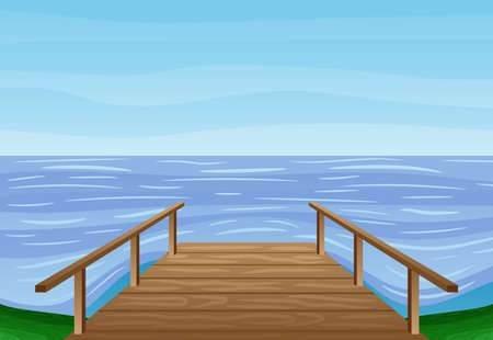 Summer illustration with wooden bridge by the water.のイラスト素材