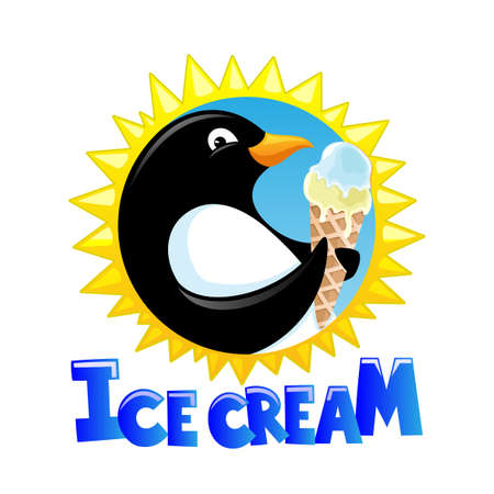 Round icon penguin with ice cream and sun on whiteのイラスト素材