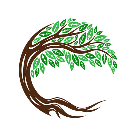 Round tree icon with leaves and roots on whiteのイラスト素材
