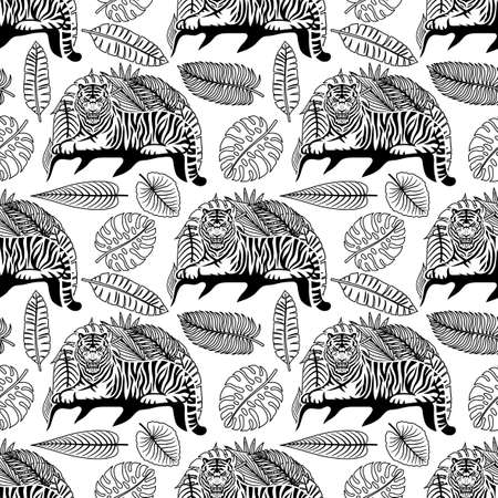 Seamless pattern with tigers and tropical leaves on white background.のイラスト素材