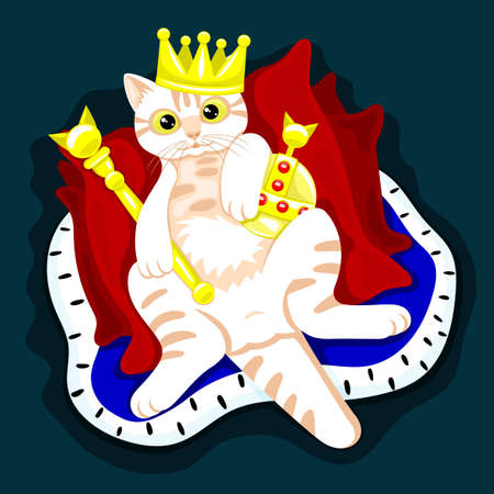 Illustration of a cute cat king in a crown lies on pillows on a dark background.のイラスト素材