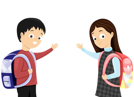 Illustration of schoolchildren with school bags on white background.のイラスト素材