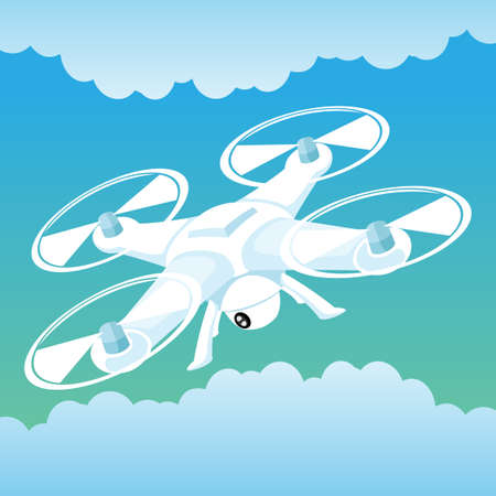 Illustration with flying drone in the sky with clouds.のイラスト素材
