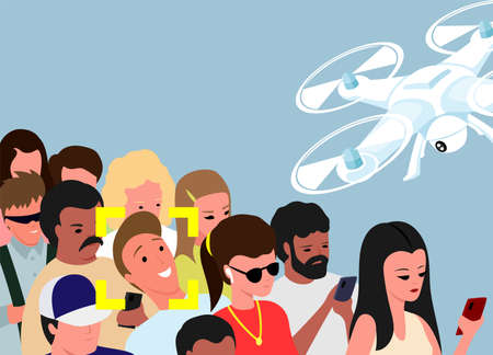 Drone is monitoring a group of people on a blue background.のイラスト素材