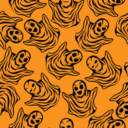 Seamless pattern for Halloween with cute ghosts on orange background.のイラスト素材