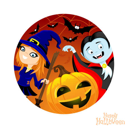 Illustration with round sticker for Halloween celebration on white background.のイラスト素材
