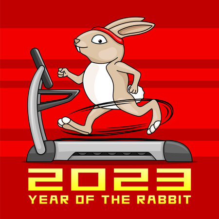 Rabbit symbol of 2023 on a treadmill on a red background.のイラスト素材