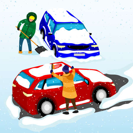 Drivers clear snow covered cars from snow on winter background.のイラスト素材