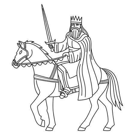 Contour drawing of a king with a sword riding a horse on a white background.のイラスト素材