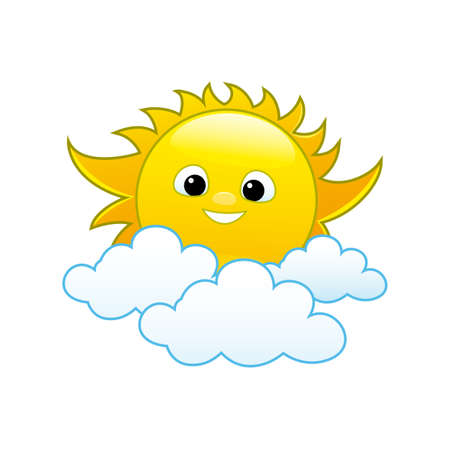 Cheerful sun icon with clouds on white background.のイラスト素材