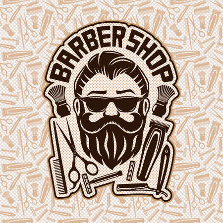 Banner with bearded man in sunglasses and barbershop items.のイラスト素材