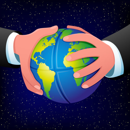 Planet Earth in hands on space background.のイラスト素材