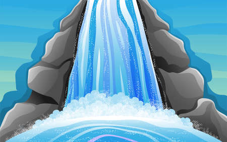 Nature illustration with high waterfall and rocks against the sky.のイラスト素材