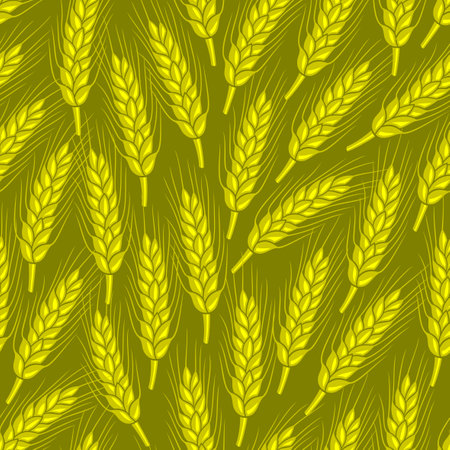 Seamless pattern with ears of wheat on a dark yellow background.のイラスト素材