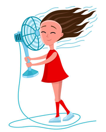 Woman stands with a fan in her hands on a white background.のイラスト素材