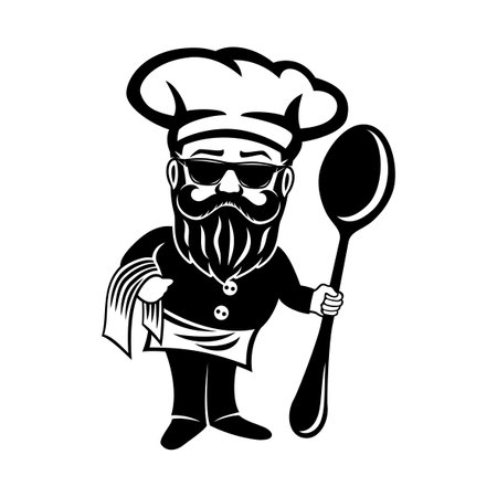 Chef in sunglasses and with a spoon in his hand on a white background.のイラスト素材