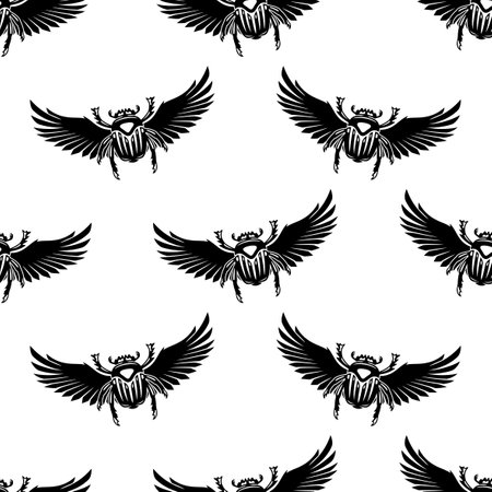 Seamless pattern with dung beetle scarab on white background.のイラスト素材