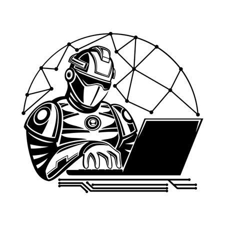 Robot icon with laptop on white background.のイラスト素材