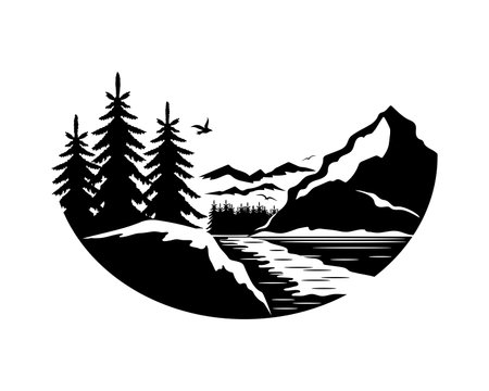 Nature icon with mountains and trees on white background.のイラスト素材