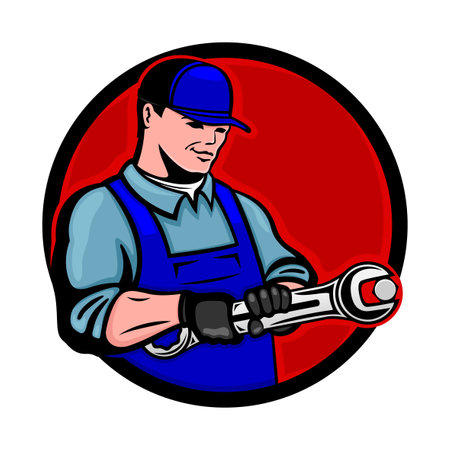 Round icon of mechanic with wrench on white background.のイラスト素材