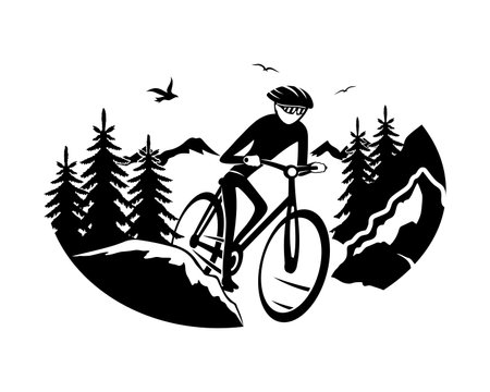 Cyclist icon rides a bicycle in nature on a white background.のイラスト素材