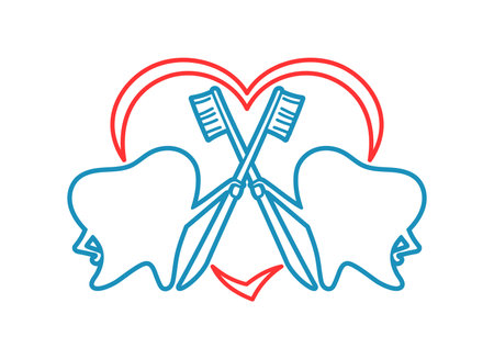 Contour icon of healthy teeth with toothbrushes and heart on a white background.のイラスト素材