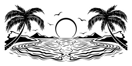 Sunset on tropical beach illustration on white background.のイラスト素材