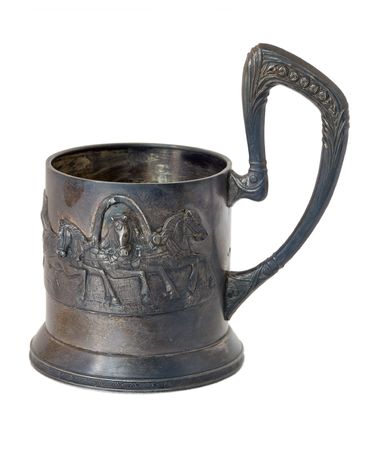 Antiques Coaster Silver Old Time Russian Three Horse Three nineteenth Century drinking Utensils Tea Retro Jeweller Relief Bas-relief Sculptural Ornament Darkened Spot Scratchの写真素材